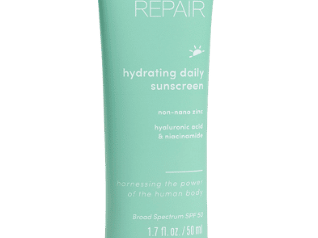 Photograph of mint-green tube labeled Active Skin Repair hydrating daily sunscreen