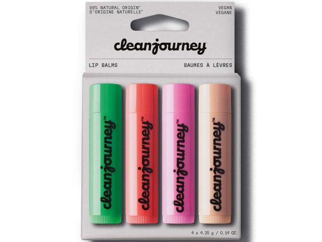 Product photo: Clean Journey lip balm set with four tubes (green, coral, pink, beige) on white card