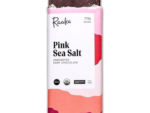 Photograph: Raaka Pink Sea Salt 71% dark chocolate bar, pink wrapper, partially unwrapped