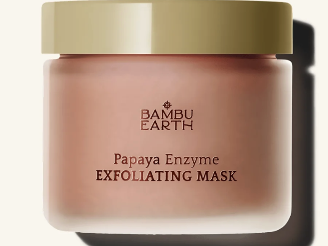 Product photo: frosted pink jar of Bambu Earth Papaya Enzyme Exfoliating Mask, beige lid