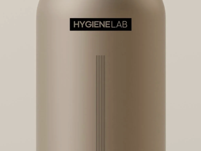 Photograph, beige Hygienelab body wash bottle with black pump