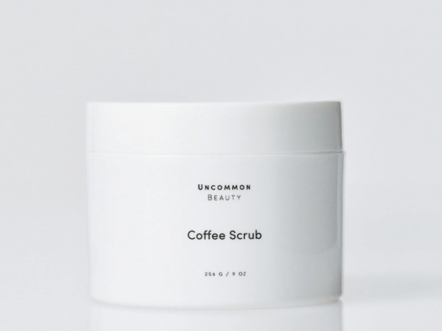 Photograph of white Uncommon Beauty jar labeled Coffee Scrub on white background