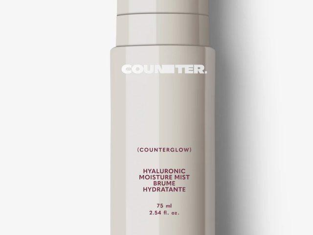 Photograph: beige Counterglow hyaluronic moisture mist bottle on white background