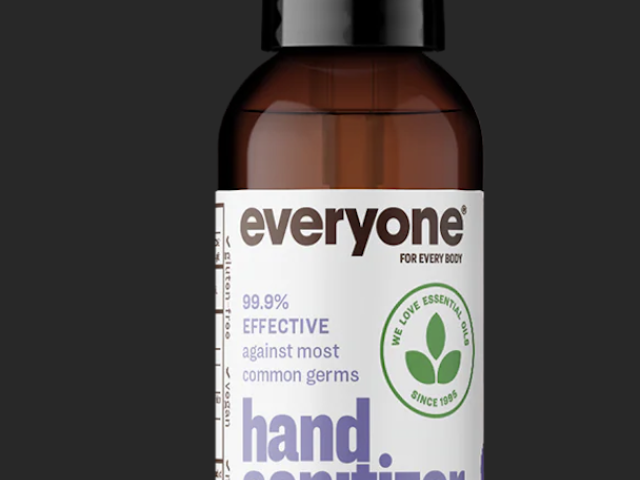 Photograph of brown spray bottle of Everyone hand sanitizer, lavender + aloe, 2 fl oz