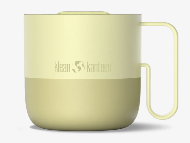 Two-tone pale yellow Klean Kanteen mug with handle and logo