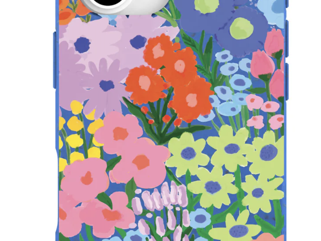 Floral smartphone case illustration with dense multicolored flowers on blue background