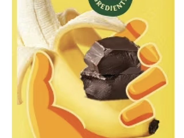 Yellow Solely organic fruit jerky package, banana and dark chocolate graphics.