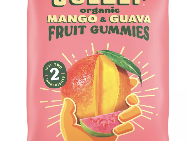 Pink Solely organic mango & guava gummies package with illustrated hand holding fruit