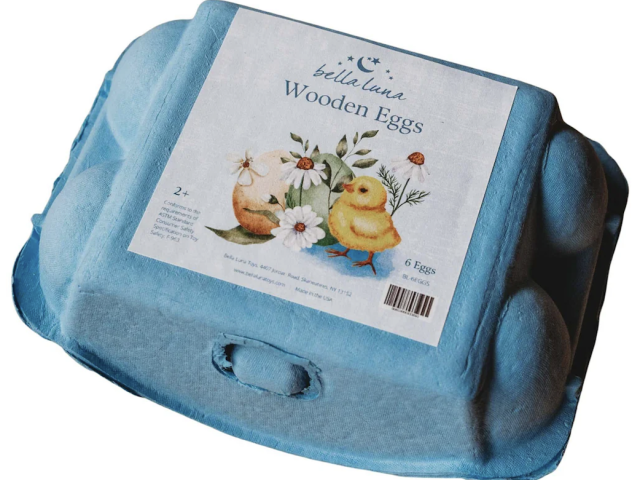 Photograph of a blue egg carton labeled 'Wooden Eggs' with chick and flower illustration.
