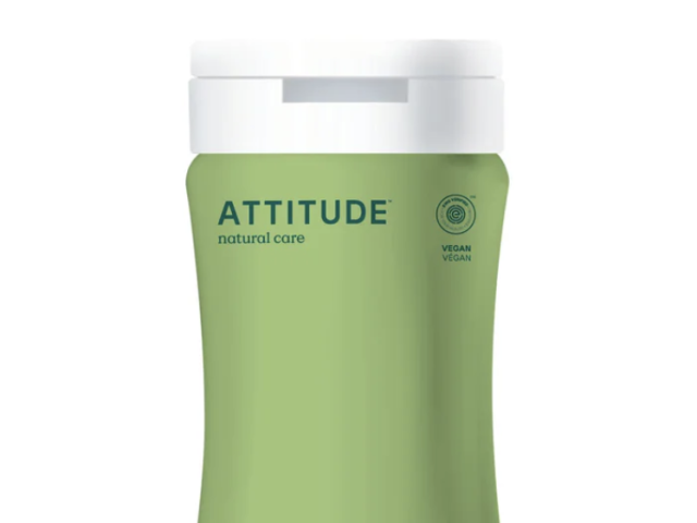 Product photograph: green ATTITUDE natural care bottle with white cap and vegan logo