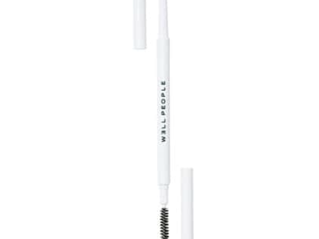 White retractable eyebrow pencil with spoolie and removed caps, product photo