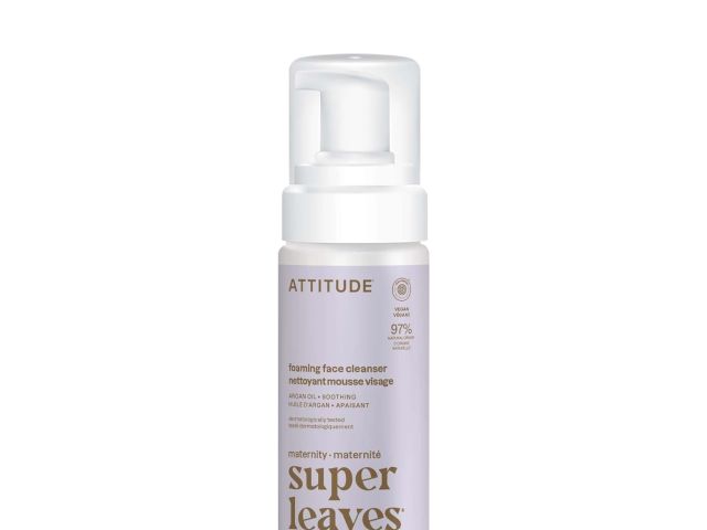 Photograph — white foaming face cleanser bottle labeled Super Leaves with pump