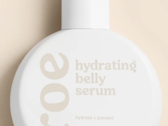 Photograph: round white bottle labeled 'roe' hydrating belly serum on beige background
