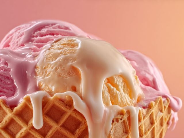 Melting pink and vanilla ice cream scoops in waffle cone