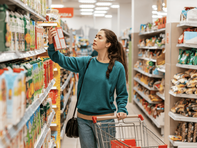 Young woman in teal sweater examining a cereal box in a grocery aisle, pushing a cart.y