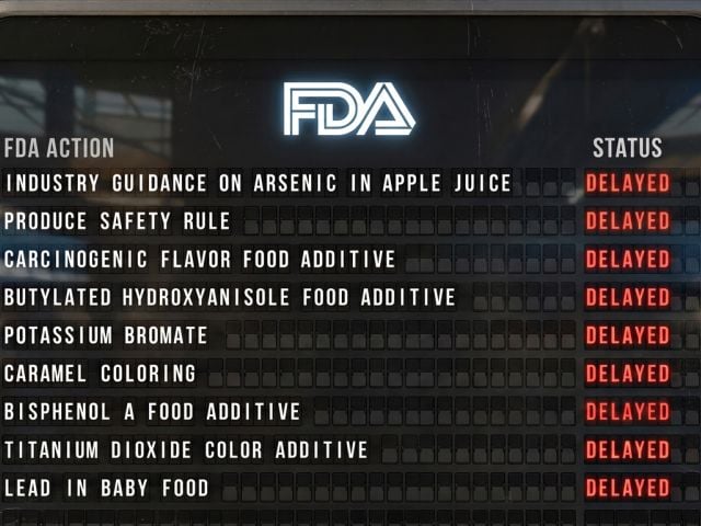 Airport-style display with FDA logo listing food-safety actions all marked "DELAYED" in red