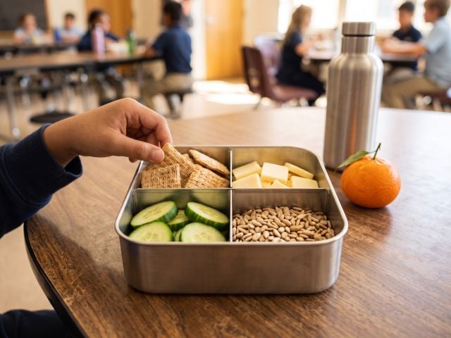 Photo: stainless divided lunchbox with crackers, cucumber, cheese, seeds; child's hand, cafeteria