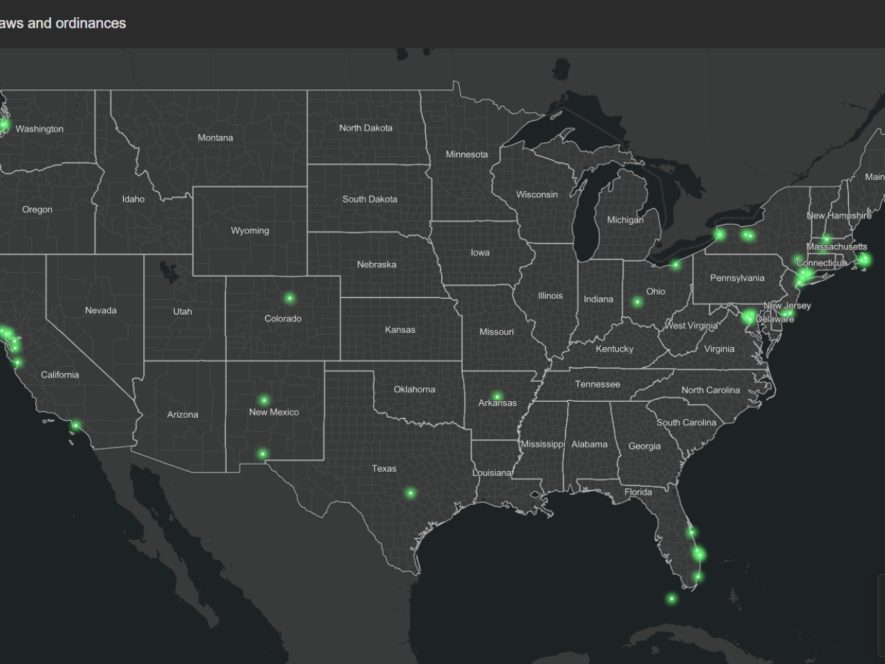 Map of the US highlighting pesticide laws with green markers for specific locations.