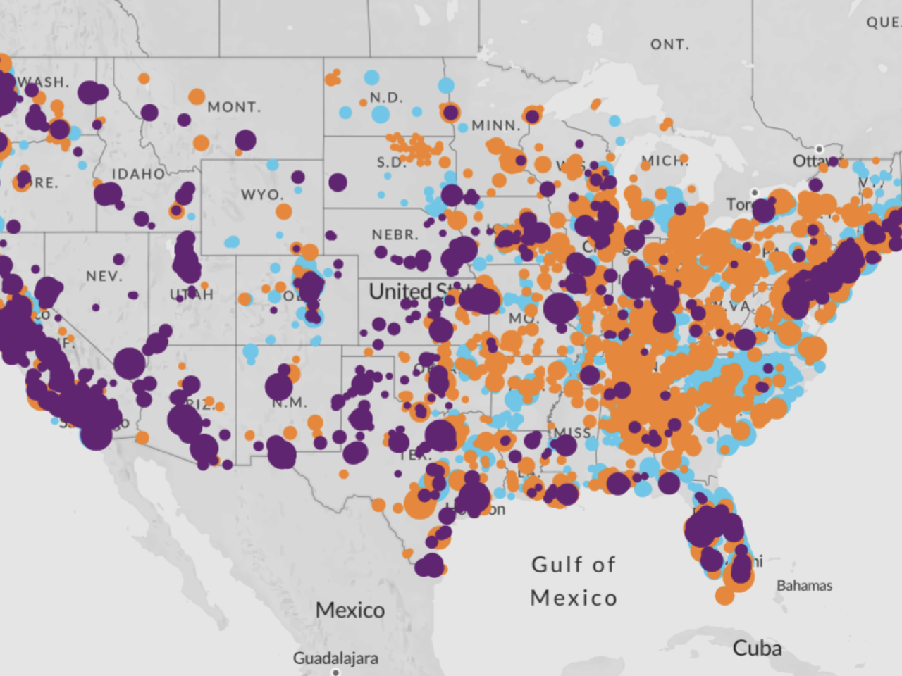 A map of the United States marked with dots in various colors indicating data points.