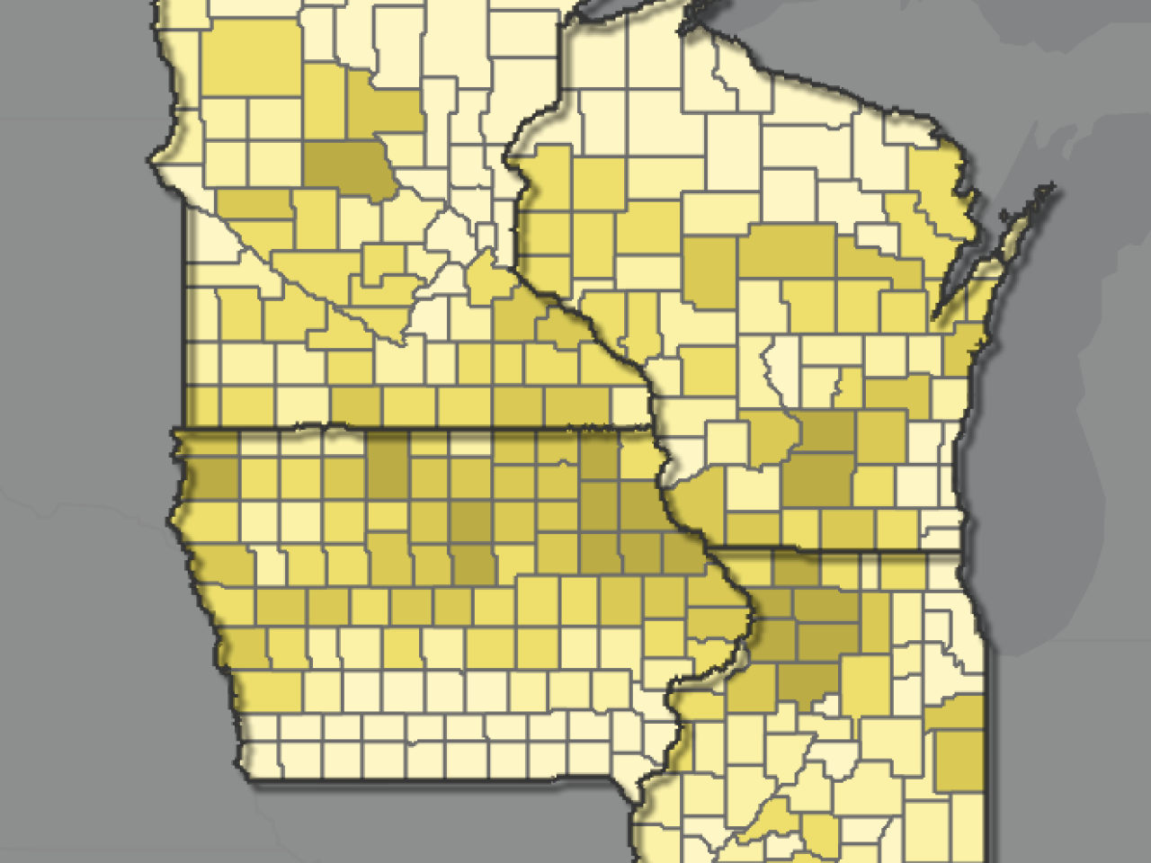 Map highlighting counties in a light yellow hue across Minnesota, Iowa, and Wisconsin.