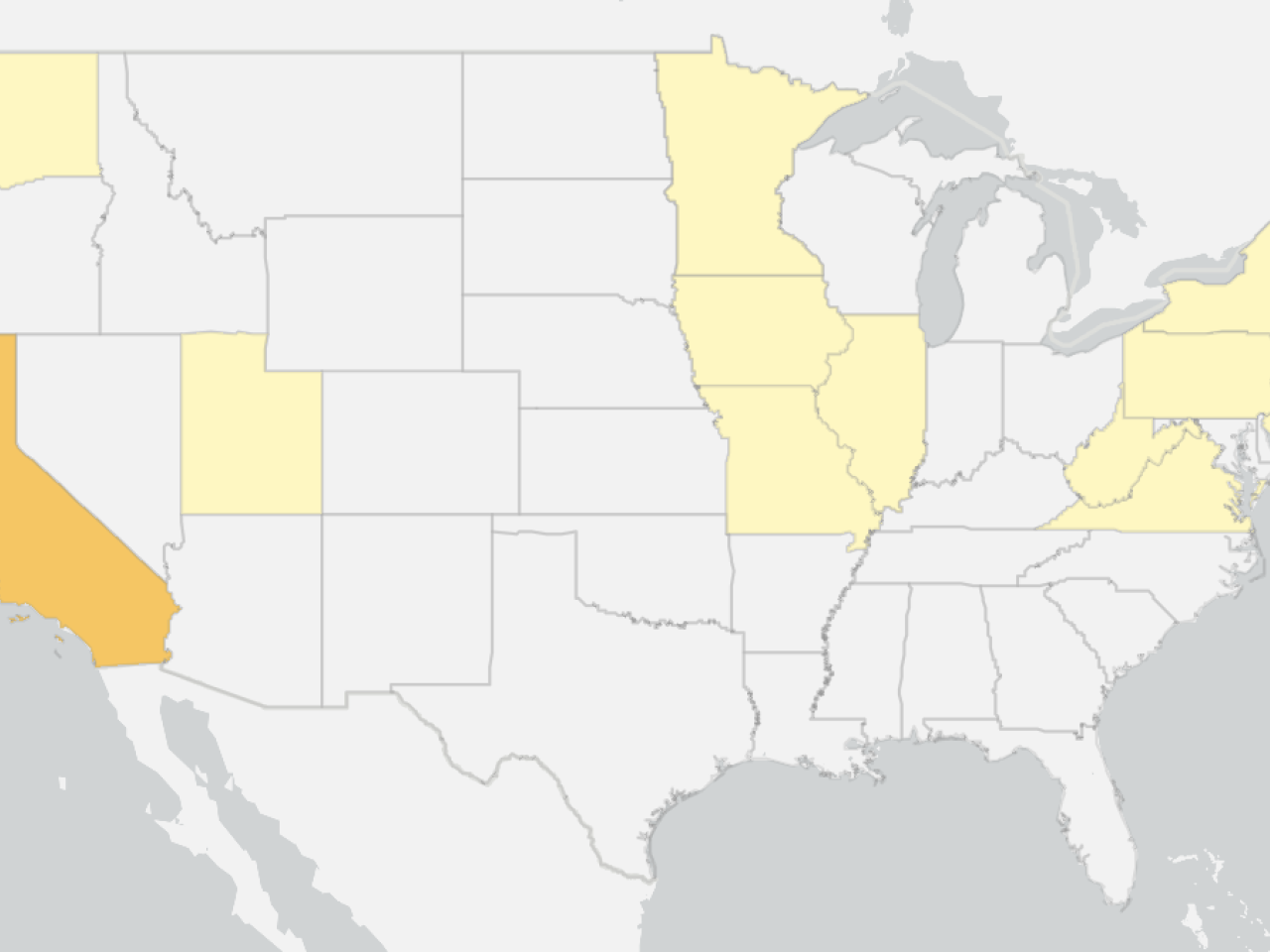 US map graphic with California highlighted orange and several states pale yellow