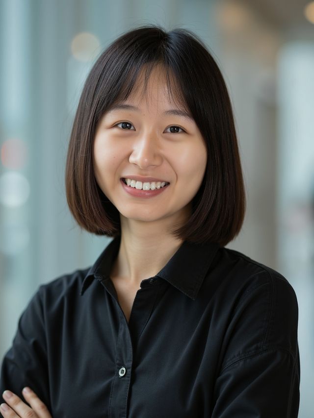 Smiling woman in a black shirt stands with arms crossed in a bright, modern corridor.