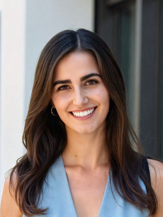Smiling woman with long brown hair, wearing a light blue top, standing outdoors.
