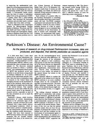 Scanned journal page titled 'Parkinson’s Disease: An Environmental Cause?' with two-column text.