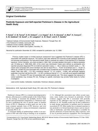 Scanned journal article page: title and abstract on pesticides and Parkinson's diseaseent