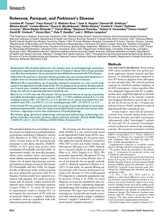 Photograph: research article page titled 'Rotenone, Paraquat, and Parkinson's Disease'.