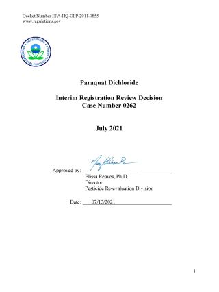 EPA cover page with logo: Paraquat Dichloride Interim Registration Review Decision, July 2021