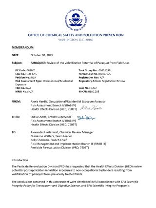 EPA memorandum with blue EPA seal about paraquat volatilization review.