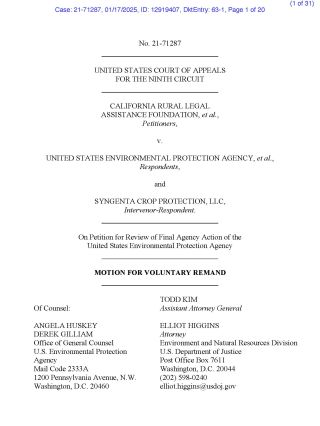 Scanned court filing cover: U.S. Court of Appeals Ninth Circuit, Motion for Voluntary Remand