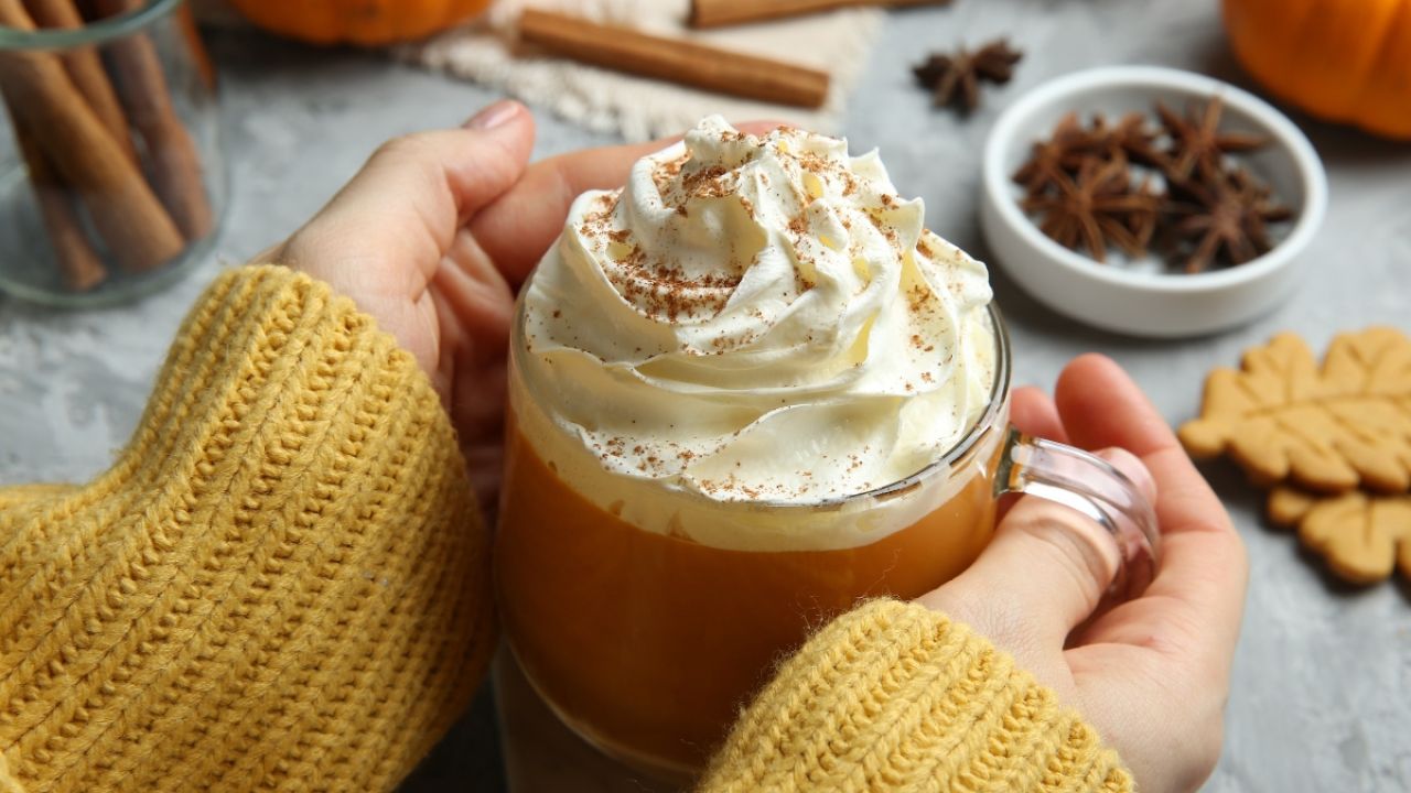 Cozy hands holding a glass of pumpkin drink topped with whipped cream and spices.