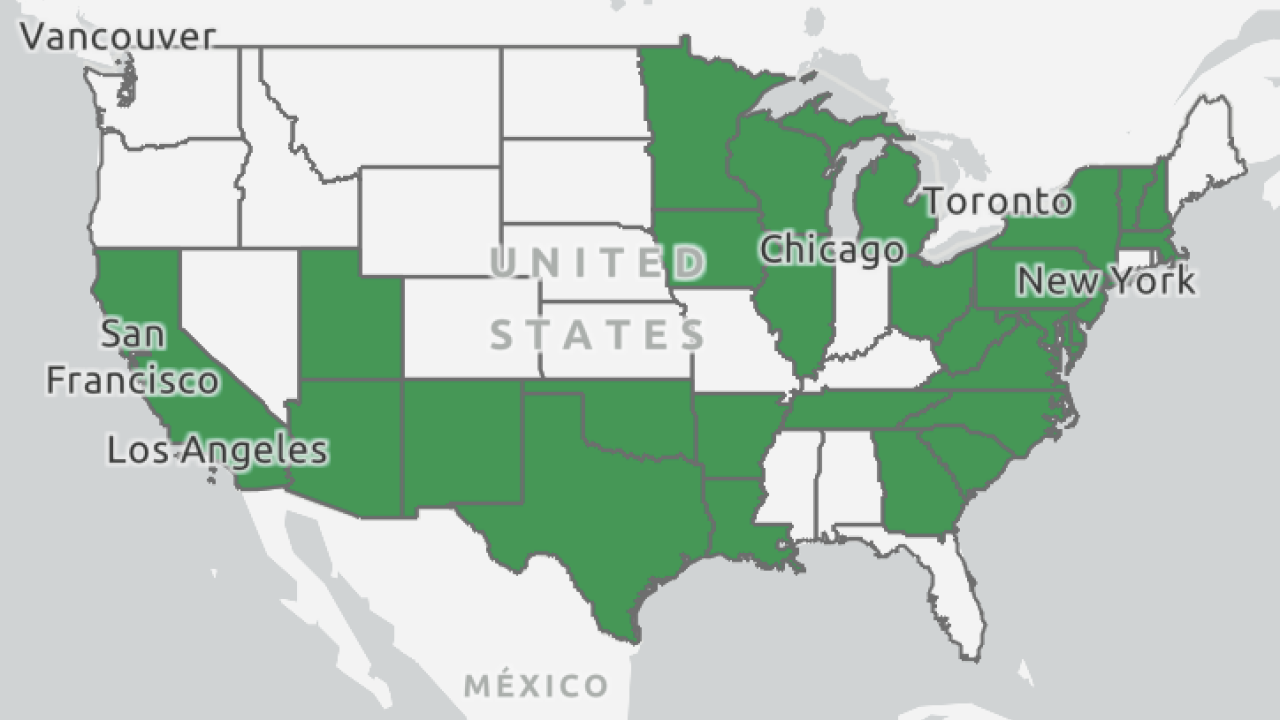 Map of the United States with states highlighted in green.