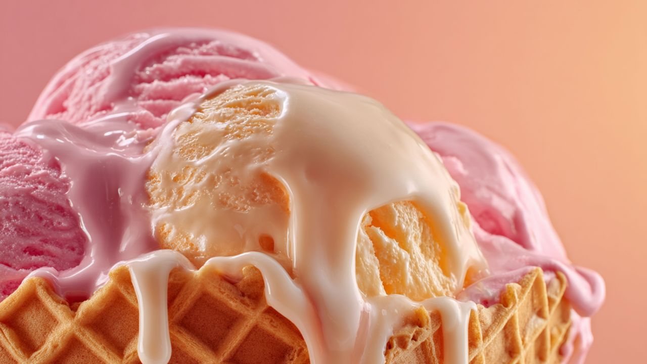 Melting pink and vanilla ice cream scoops in waffle cone