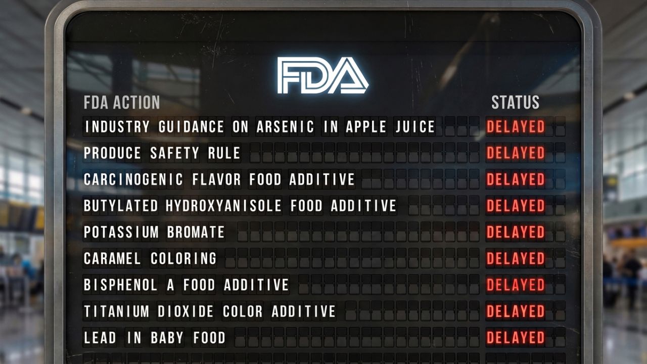 Airport-style display with FDA logo listing food-safety actions all marked "DELAYED" in red