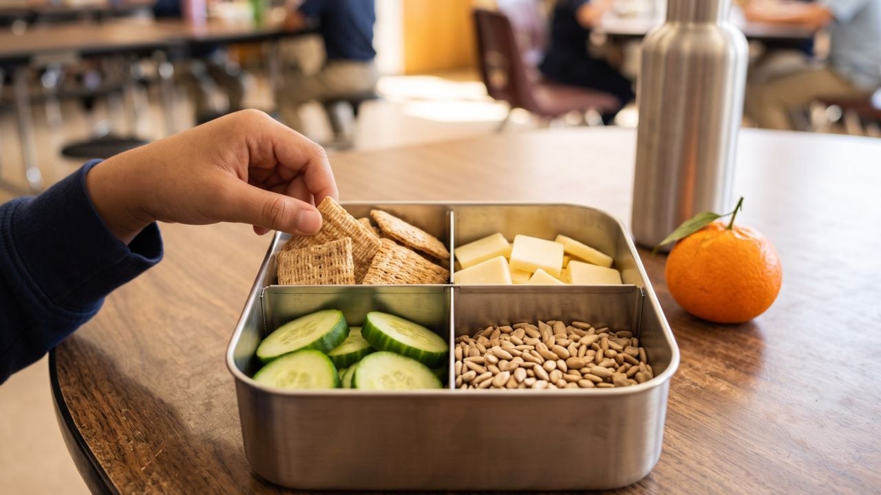 Photo: stainless divided lunchbox with crackers, cucumber, cheese, seeds; child's hand, cafeteria